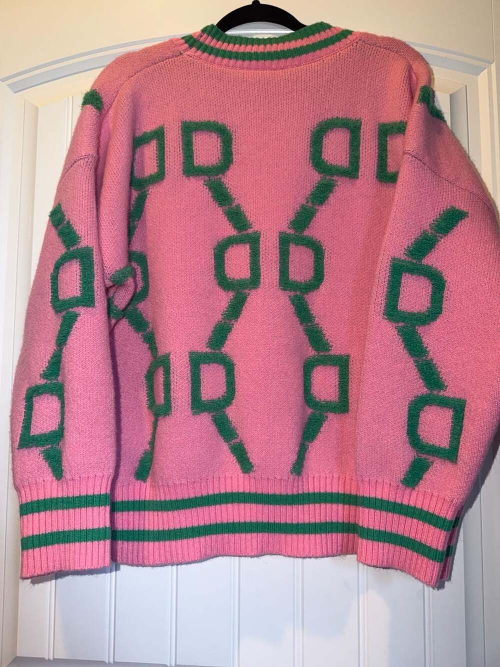 3XL
Pink and Green Geometric Pattern Button-Front Knit Cardigan - Picture 5 of 6